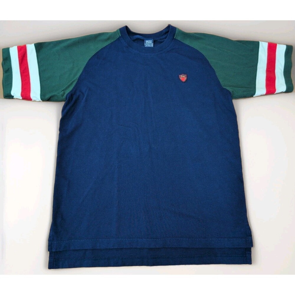 Vintage 90s Polo Ralph Lauren Colorblock XL Tee T Shirt Navy Green Crest Logo
